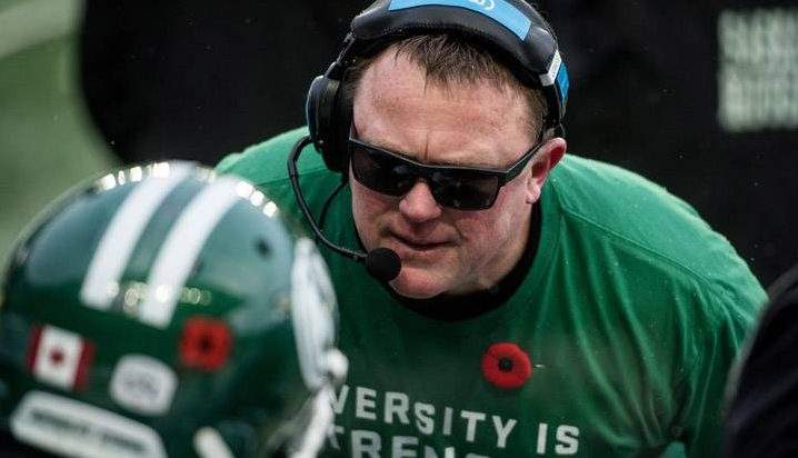 Saskatchewan Roughriders head coach Chris Jones talks with his players during first half CFL action against the Winnipeg Blue Bombers in Regina on Sunday, Nov 11, 2018. 