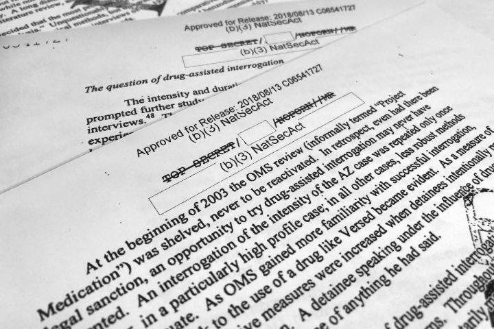 A portion of a once-classified CIA report that disclosed the existence of a drug research program dubbed "Project Medication" is photographed in Washington, Tuesday, Nov. 13, 2018.