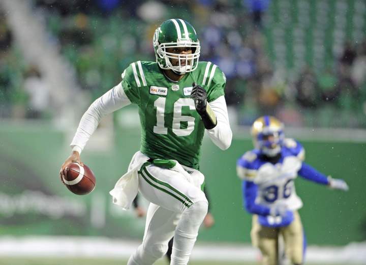 Saskatchewan Roughriders quarterback Brandon Bridge scrambles against the Winnipeg Blue Bombers during second half CFL West Division semifinal action in Regina on Sunday, Nov. 11, 2018. Bridge wants the CFL's command centre to have the ability to review hits to the head for potential penalties. 