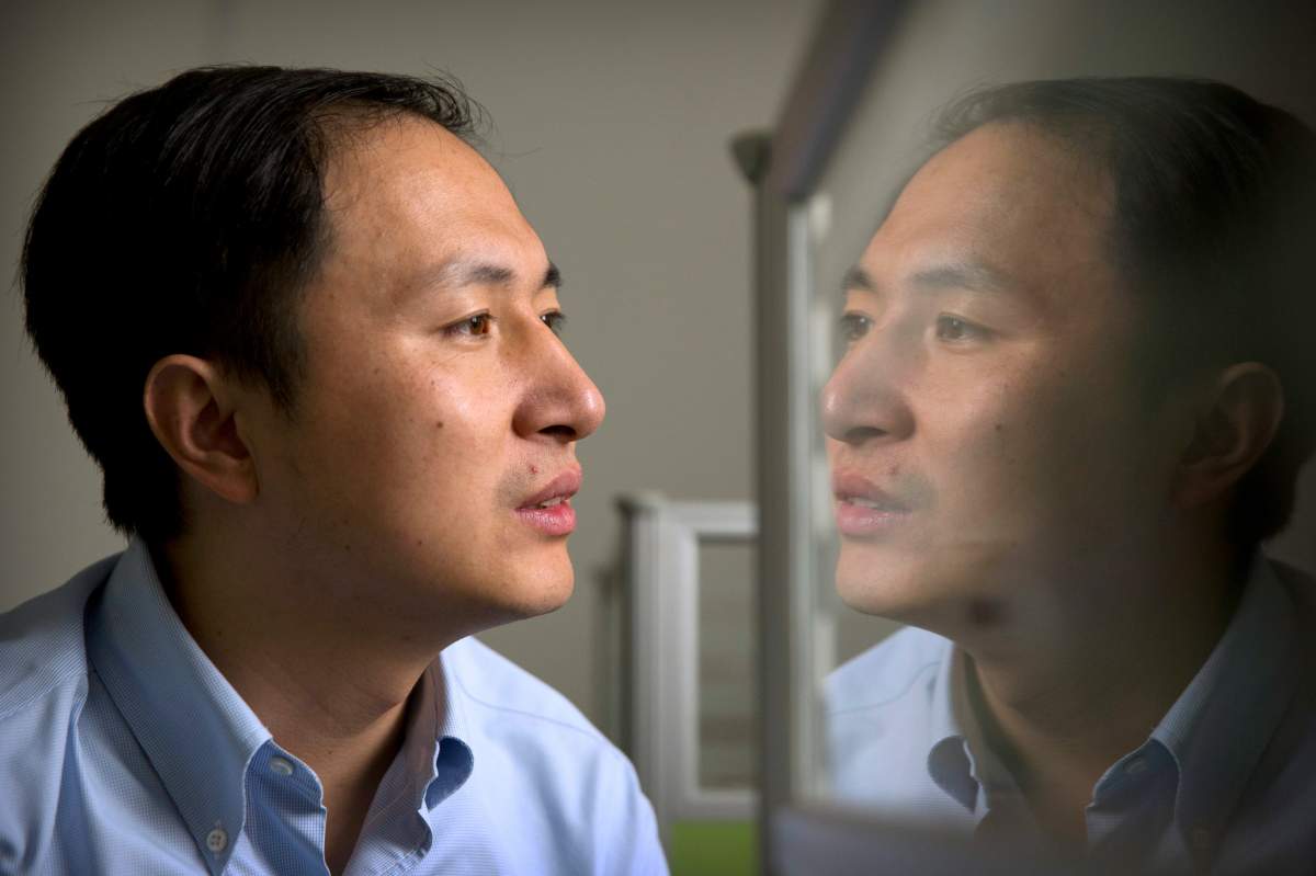 In this Oct. 10, 2018 photo, He Jiankui is reflected in a glass panel as he works at a computer at a laboratory in Shenzhen in southern China’s Guangdong province.