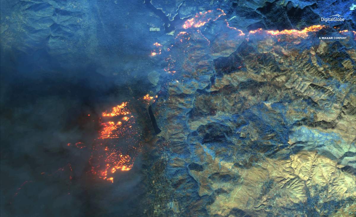 Shortwave Infrared (SWIR) satelite image of the Camp Fire in Magalia, Paradise, California, U.S. November 9, 2018.
