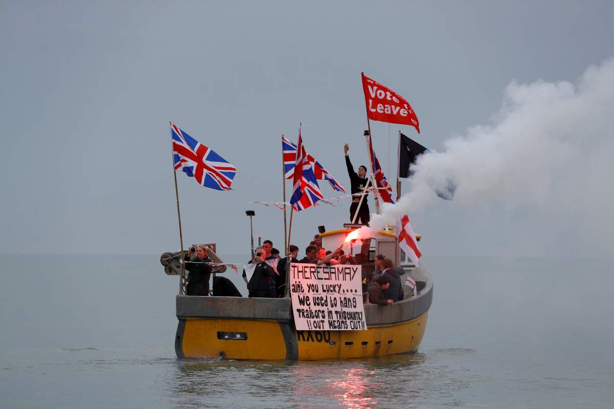 British fishermen stage a “Fishing for Leave” protest against Prime Minister Theresa May’s Brexit transition deal, in Hastings, England, April 8, 2018.