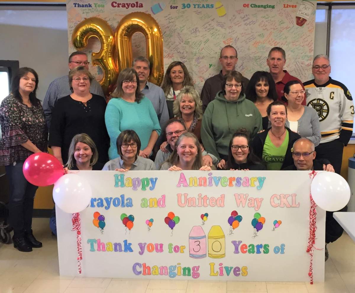 United Way for the City of Kawartha Lakes staff thank Crayola Canada for its 30 years of support.