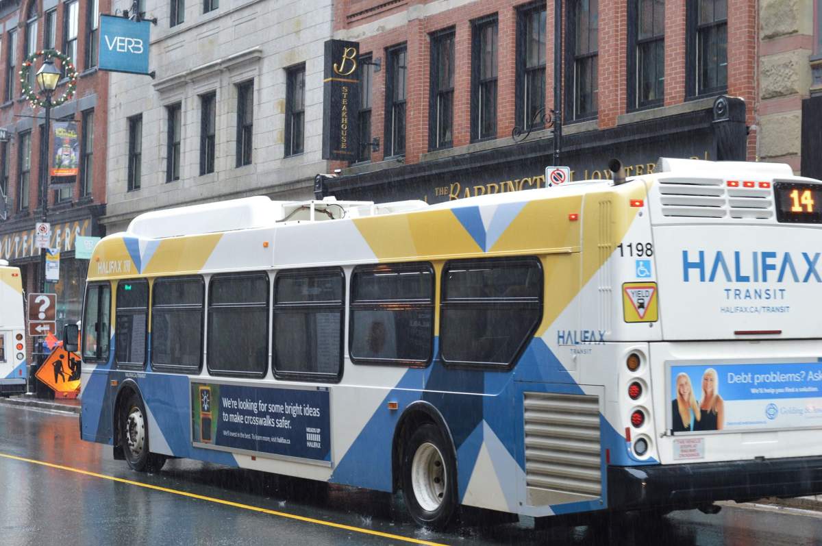 A Halifax Transit bus travels down Barrington Street.