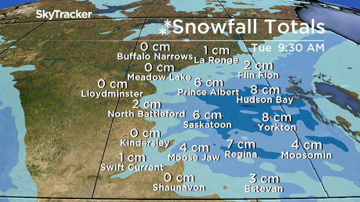 Approximately 5 centimetres of snow is expected in Saskatoon by Tuesday morning.