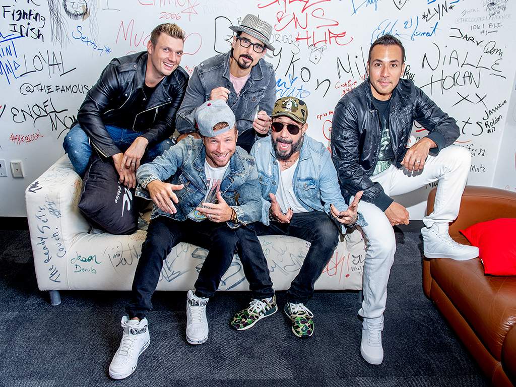 (L-R) Nick Carter, Brian Littrell, Kevin Richardson, AJ McLean and Howie Dorough of Backstreet Boys at Music Choice on June 15, 2018 in New York City.