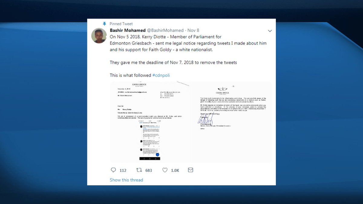 A tweet by Edmontonian Bashir Mohamed, on being served legal notice by Kerry Diotte.