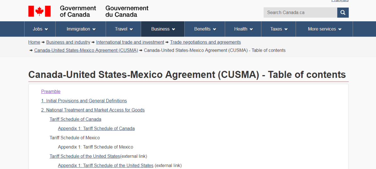 The new NAFTA agreement is called the Canada-United States-Mexico Agreement (CUSMA) on Canada’s government website.
