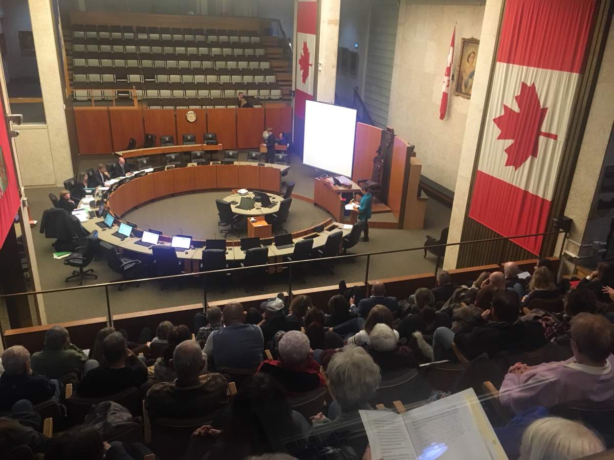 The Assiniboia Community Committee meeting was moved to the main council chambers to accomodate a large crowd on hand for the public rezoning hearing regarding the proposed Bruce Oake Recovery Centre.