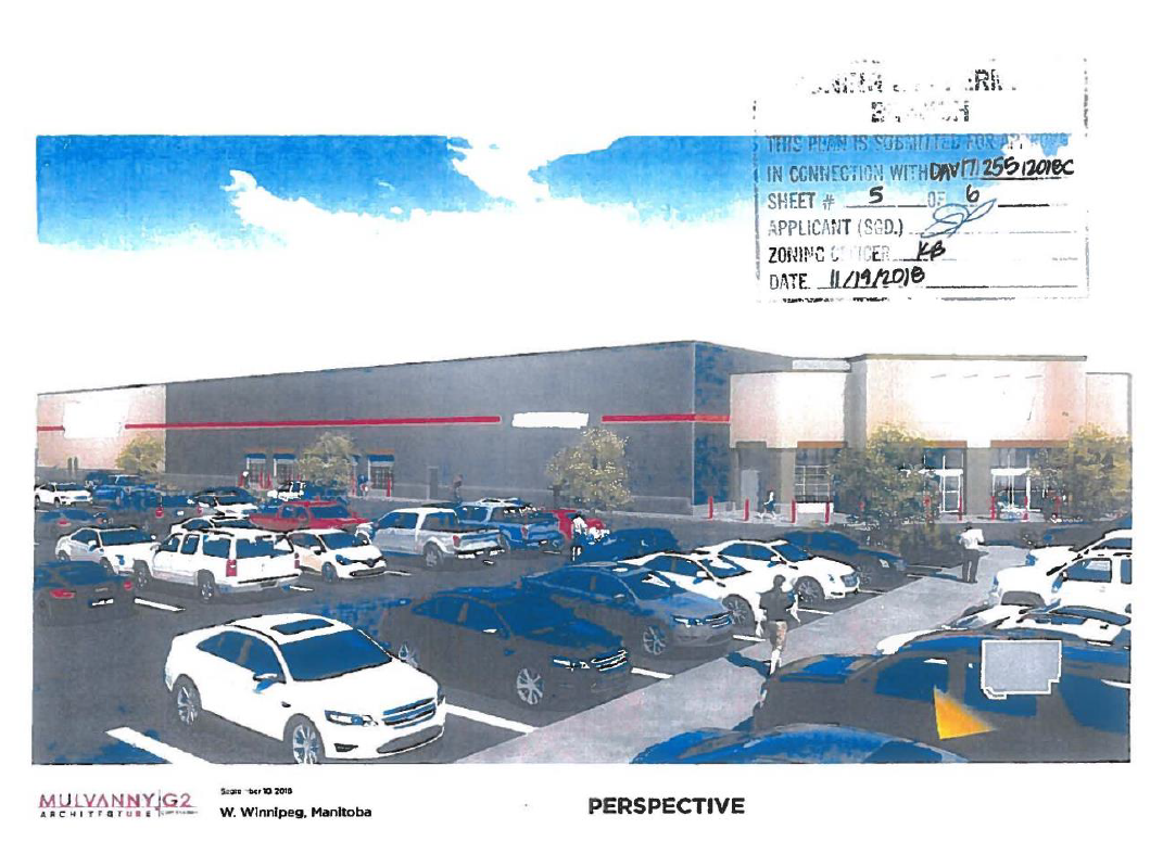 A rendering of the view from the parking lot of the proposed warehouse. (City of Winnipeg)