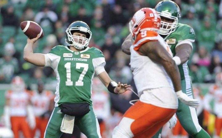 Saskatchewan Roughriders quarterback Zach Collaros looks downfield for a receiver during first half CFL action in Regina on Oct. 27, 2018.