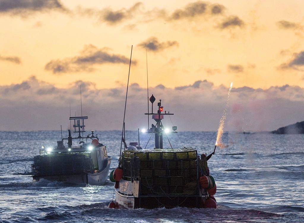 A fisherman sets off fireworks as boats head from West Dover, N.S. on November 28, 2017.
