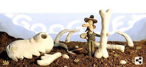 Today's Google doodle, shown in an image grab, features a man standing among large dinosaur bones in the Alberta Badlands. It's in honour of Joseph Burr Tyrrell, who was born 160 years ago in Weston, Ont. THE CANADIAN PRESS/HO.