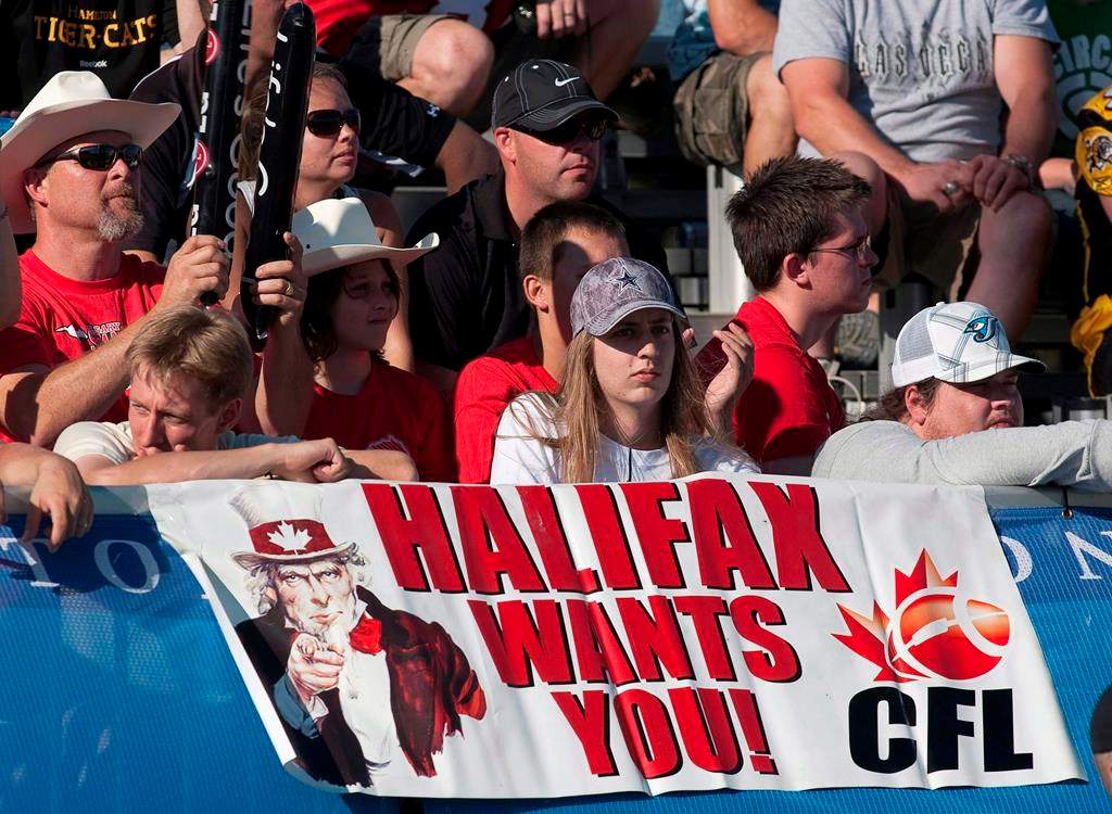 Halifax fans show their support for an East Coast franchise as the Calgary Stampeders and Hamilton Tiger-Cats compete in CFL action in Moncton, N.B. on Sunday, Sept. 25, 2011.