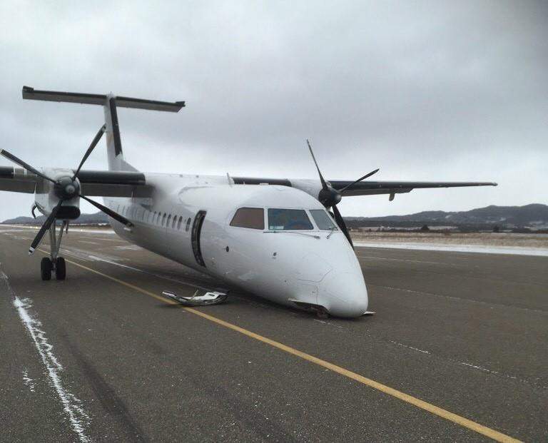 A plane is shown after it crash-landed at the airport in Stephenville, N.L., Thursday, Nov.15, 2018.