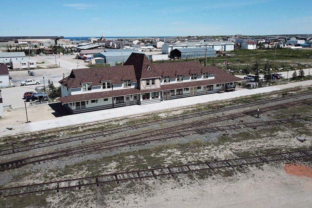 An aerial view of the rail line and Via station is shown in Churchill, Man., on July 4, 2018.
