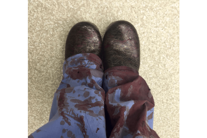 This image recently tweeted by Dr. Kirstin M. Gee, shows her posing in her blood stained scrubs after treating a patient related to gun violence on Oct. 11, 2016. 