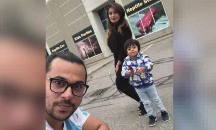 Sanket Dogra, 33, (botton left), his wife Khushboo, 31, (centre) and two-year-old Prakrit pictured in an undated photograph.