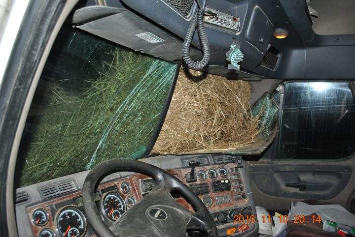 No one was injured after a semi-trailer truck crashed into a bale of straw five kilometres south of New Sarepta, Alta., on Saturday.
