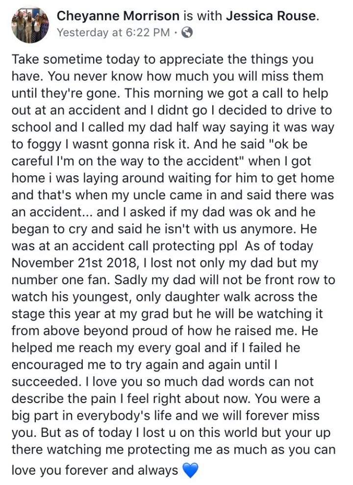 Posting on Cheyanne Morrison’s Facebook page.