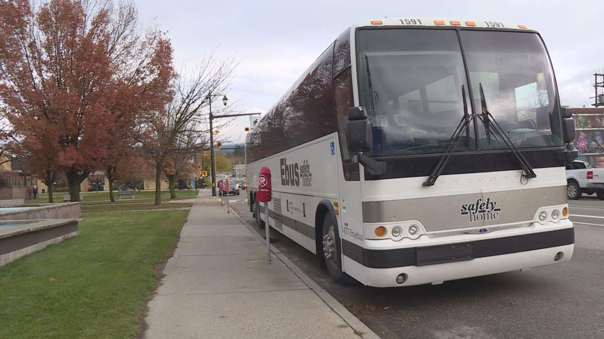 Ebus has stops in Vancouver, Surrey, Abbotsford, Chilliwack, Hope, Merritt, West Kelowna, Kelowna, Vernon, Salmon Arm and Kamloops.