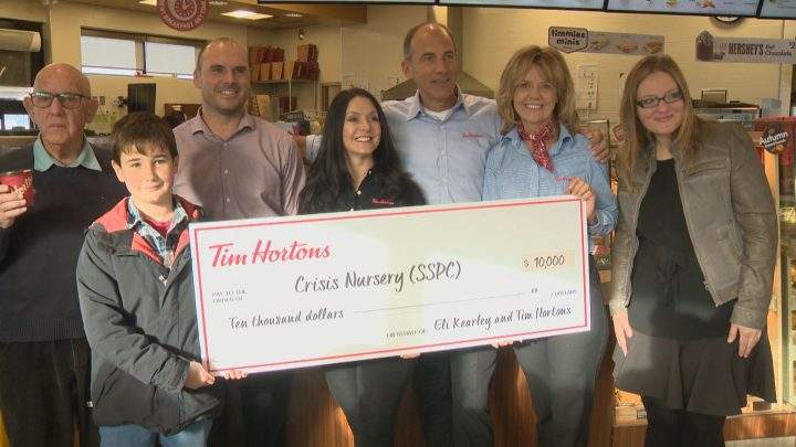 On behalf of Eli Kearley, a local Tim Hortons donated $10,000 to the Saskatoon Crisis Nursery.