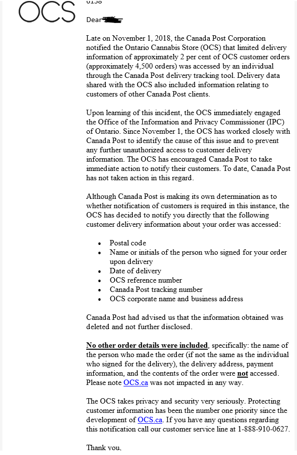 The Ontario Cannabis Store sent out an email to customers notifying them of a Canada Post data breach that affected customers’ delivery information.