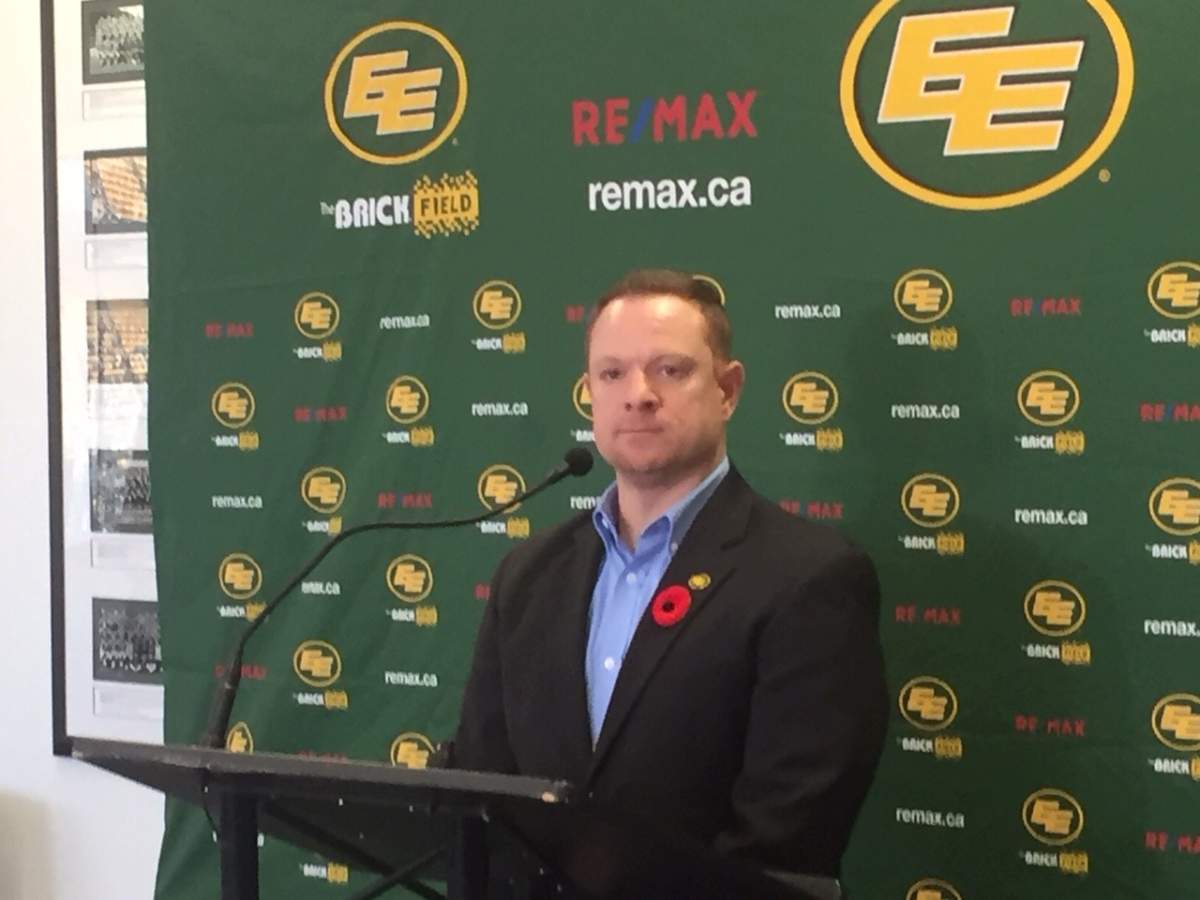 Edmonton Eskimos general manager and vice-president of football operations Brock Sunderland addresses the media in the Eskimos locker room at Commonwealth Stadium.
