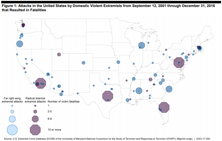 A map showing attacks in the U.S. by domestic violent extremists from Sept. 12, 2001 to Dec. 31, 2016 that resulted in fatalities.