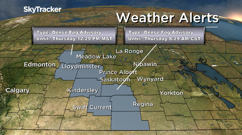 Near zero visibility is occurring in parts of southwest and west central Saskatchewan due to fog.