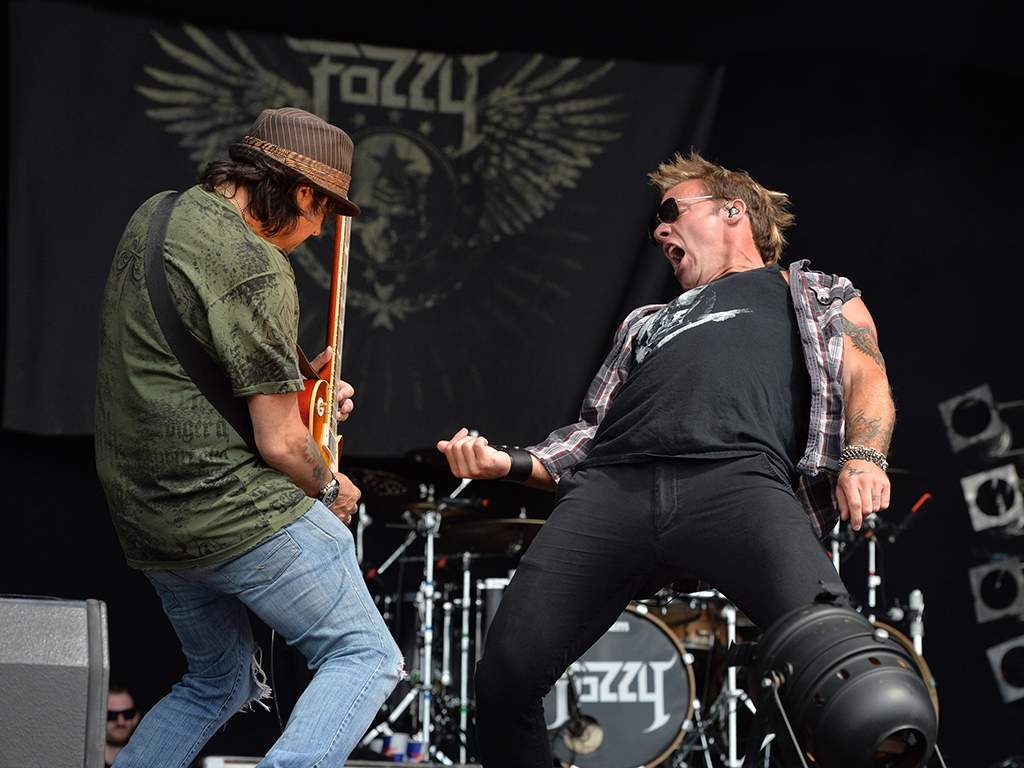 Motörhead guitarist Phil Campbell (L) with Chris Jericho of Fozzy at Bloodstock Open Air festival in Derbyshire, England, on Aug. 11, 2013.