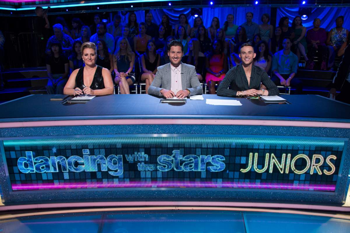 Mandy Moor, Val Chmerkovskiy and Adam Rippon, judges on Dancing With the Stars: Juniors. (Eric McCandless via Getty Images)