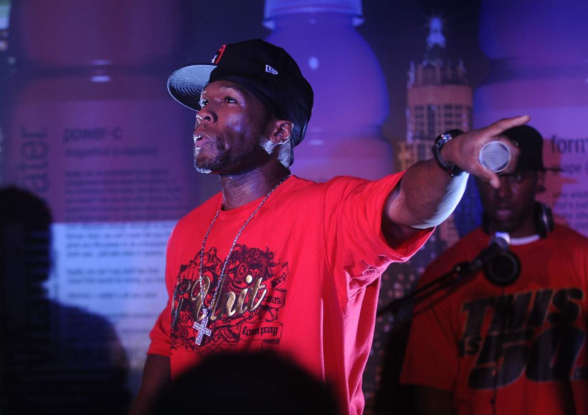 50 Cent performs at Hudson Terrace on July 14, 2008 in New York City.