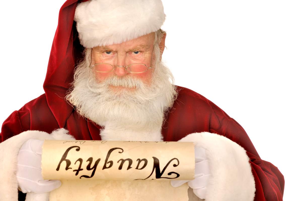 Santa with naughty list in his hands.