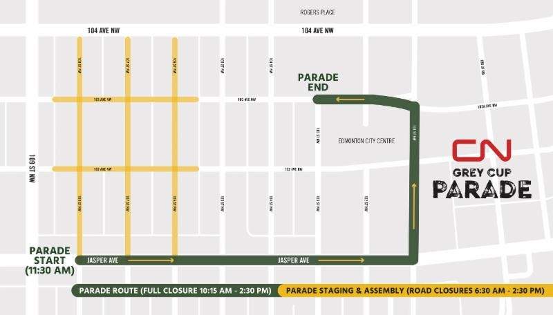 The 2018 Grey Cup Parade route in downtown Edmonton.