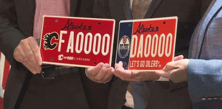 Service Alberta introduced two new specialty licence plates featuring the Flames and the Oilers on Saturday.
