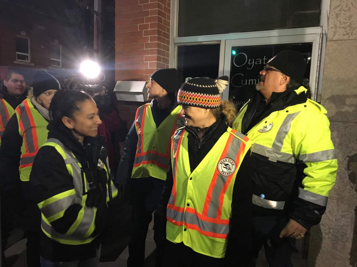 Governor General Julie Payette speaking with Bear Clan patrol volunteers.
