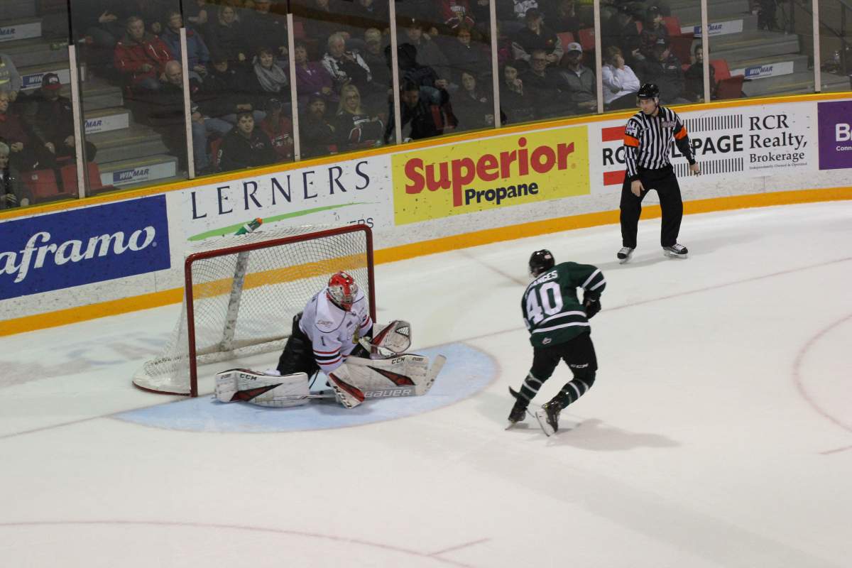 Owen Sound, Ont. - Tonio Stranges of the London Knights scores on a backhand in London's 6-5 shootout win over the Attack.