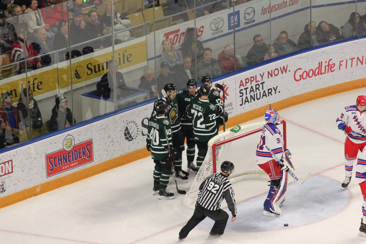 The London Knights celebrate Evan Bouchard's first goal of the season as part of a 3-0 win in Kitchener on Nov. 4, 2018.