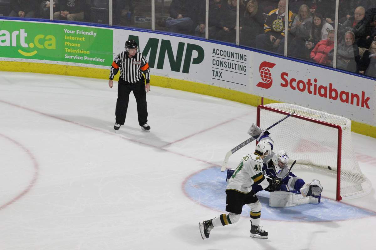 Antonio Stranges of the London Knights puts a puck off the goal post and into the Sudbury Wolves net. It stood up as the only goal of the shootout.