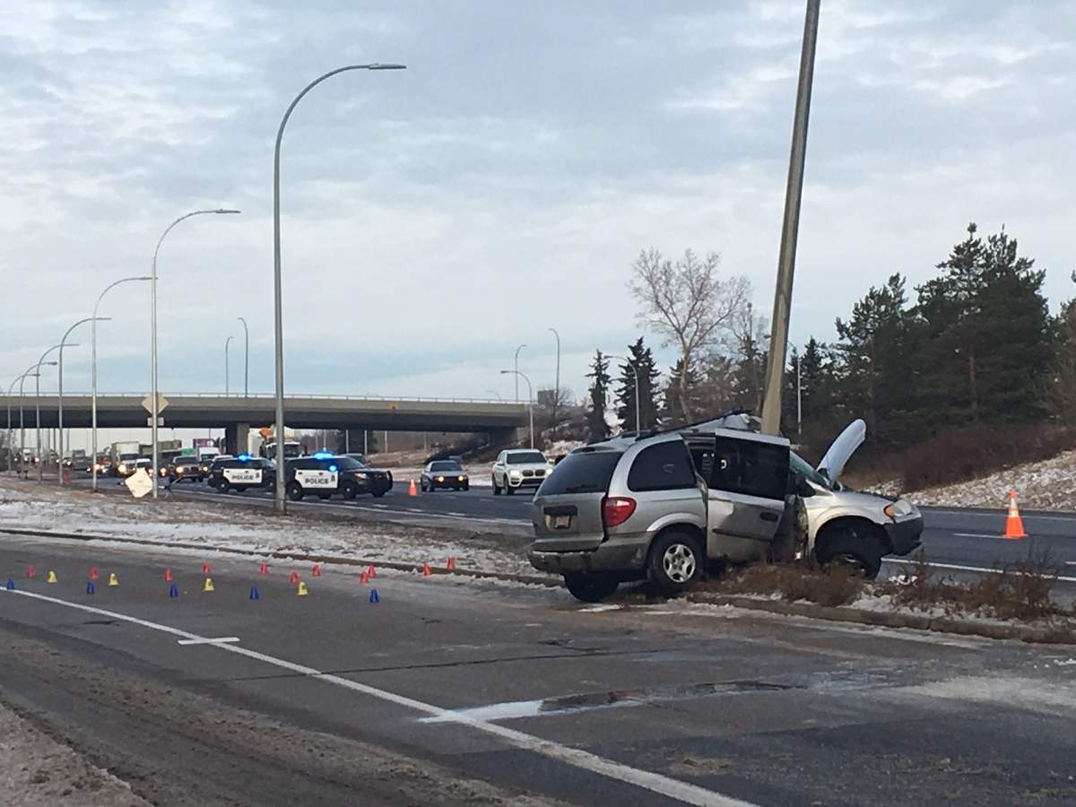 A silver minivan was involved in a collision at Yellowhead Trail and Victoria Trail Monday morning on the east side of Edmonton, Alta. November 19, 2018.