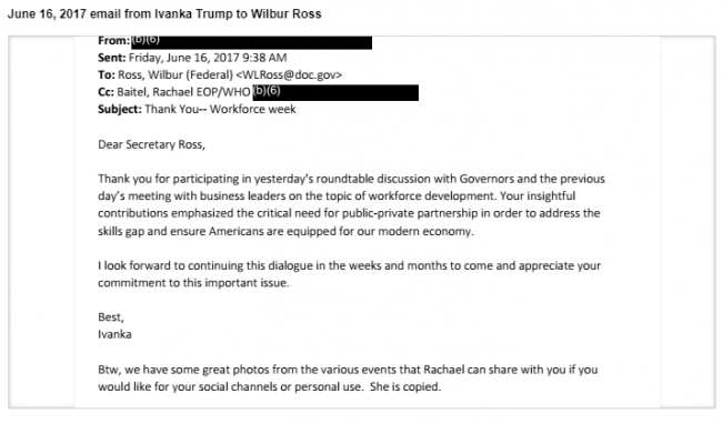 An email sent by Ivanka Trump to Commerce Secretary Wilbur Ross in June 16, 2017, after Ivanka became an official member of White House staff.