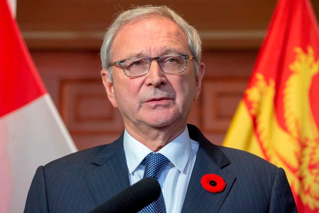 New Brunswick Progressive Conservative Leader Blaine Higgs answers questions from the media after meeting with Lieutenant Governor of New Brunswick Jocelyne Roy-Vienneau at Government House in Fredericton on Friday, Nov. 2, 2018.