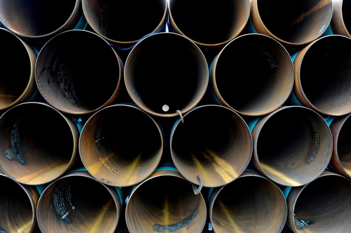 Piping to be used for the Keystone XL pipe line from Cushing, Oklahoma to the Gulf of Mexico sits stacked at a storage yard at TransCanada Pipe Yard near Cushing, Oklahoma, USA, 21 March 2012 (reissued 09 November 2018). 