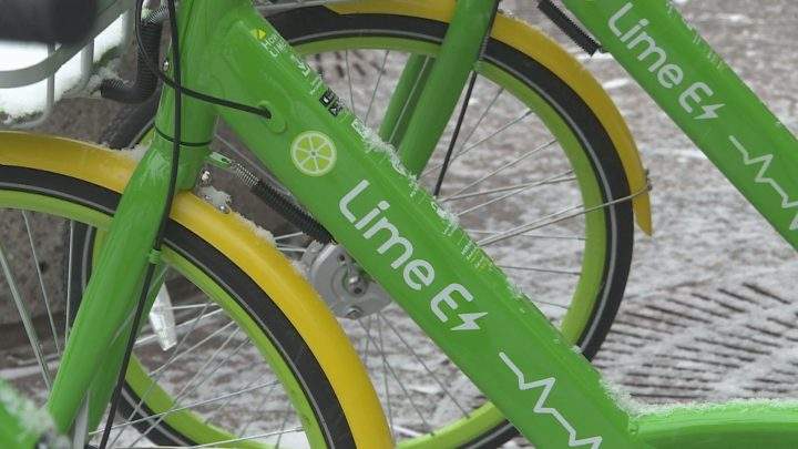 Lime electric bikes outside of Calgary City Hall in late 2018.