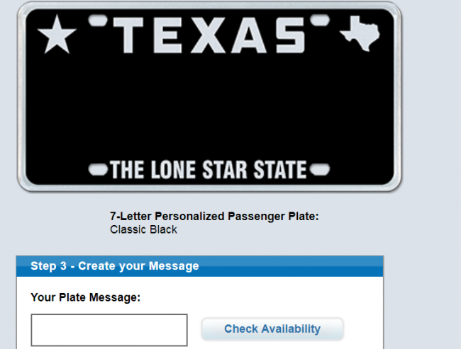 Screen grab from Myplates.com, a Texas company that offers specialty license plates to Texas DMV drivers.