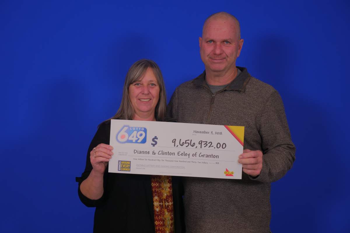 Clinton and Dianne Eeley of Granton won the $9,656,932 jackpot in the November 3, 2018 Lotto 6/49 draw after purchasing their ticket at Petro Canada on Dundas Road in London.