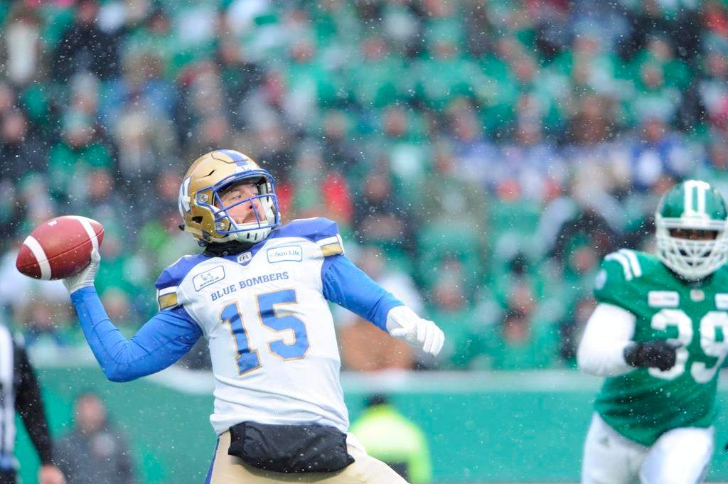 Winnipeg Blue Bombers quarterback Matt Nichols attempts a pass against the Saskatchewan Roughriders during first half CFL West Division semi-final action in Regina on Sunday, Nov. 11, 2018. THE CANADIAN PRESS/Mark Taylor.