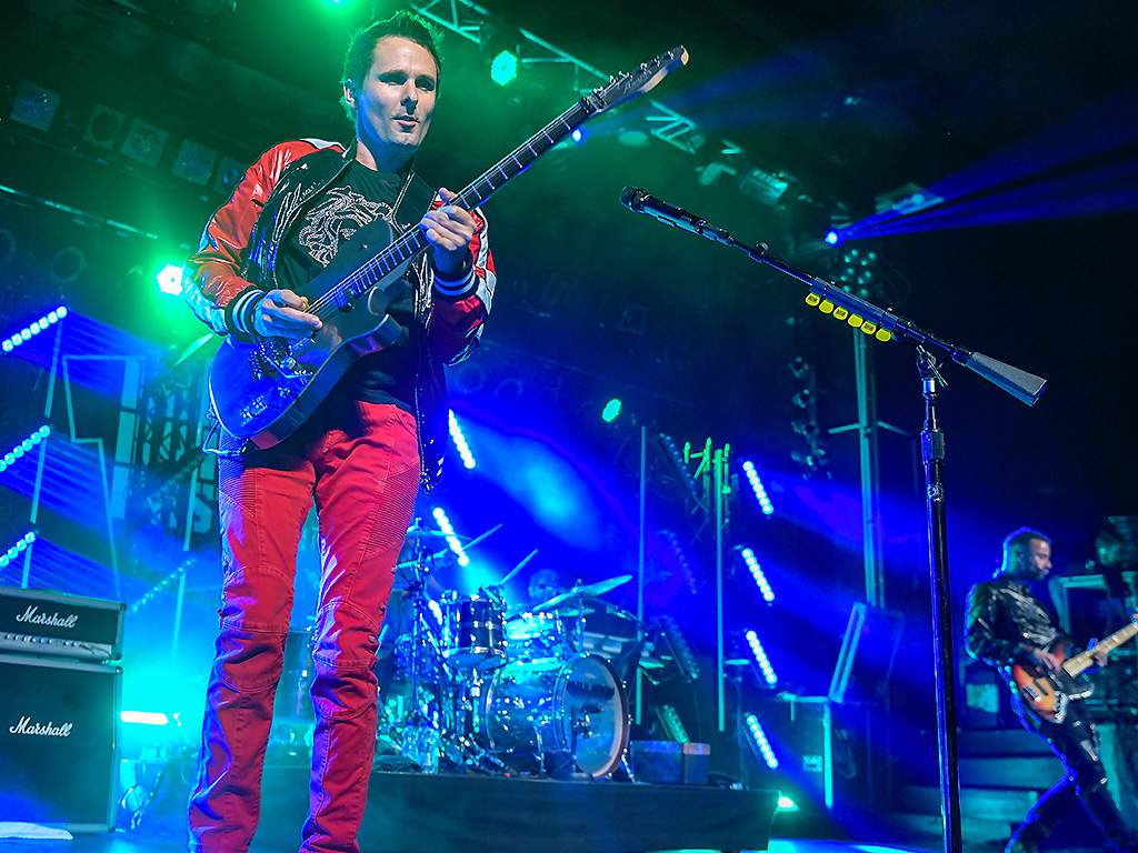 Matthew Bellamy, guitarist with the British band Muse, is seen on stage at the Reeperbahn Festival on September 19, 2018.