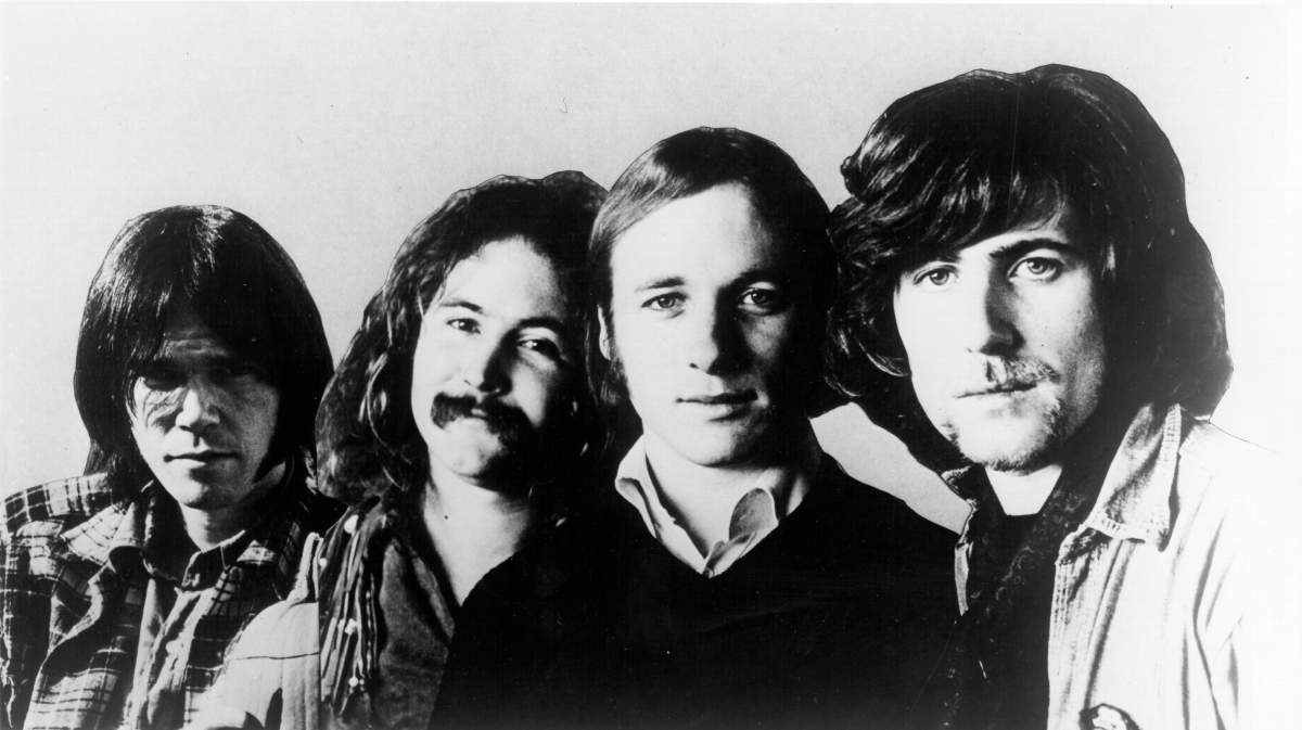 (L-R) Neil Young, David Crosby, Stephen Stills and Graham Nash of Crosby, Stills, Nash and Young pose for a composite publicity photo circa 1970.